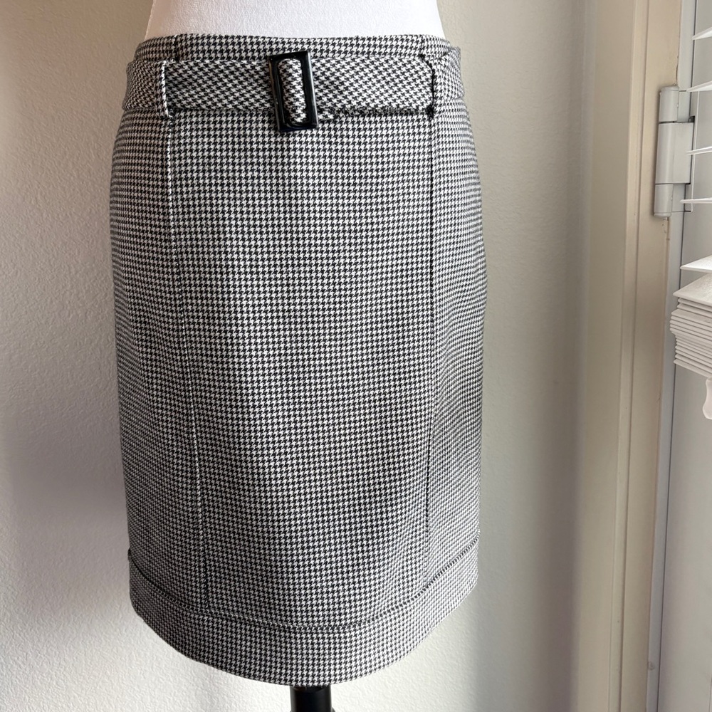 Talbots Vintage Grey Houndstooth Wool Blend Belted Pencil Skirt 2 Petite